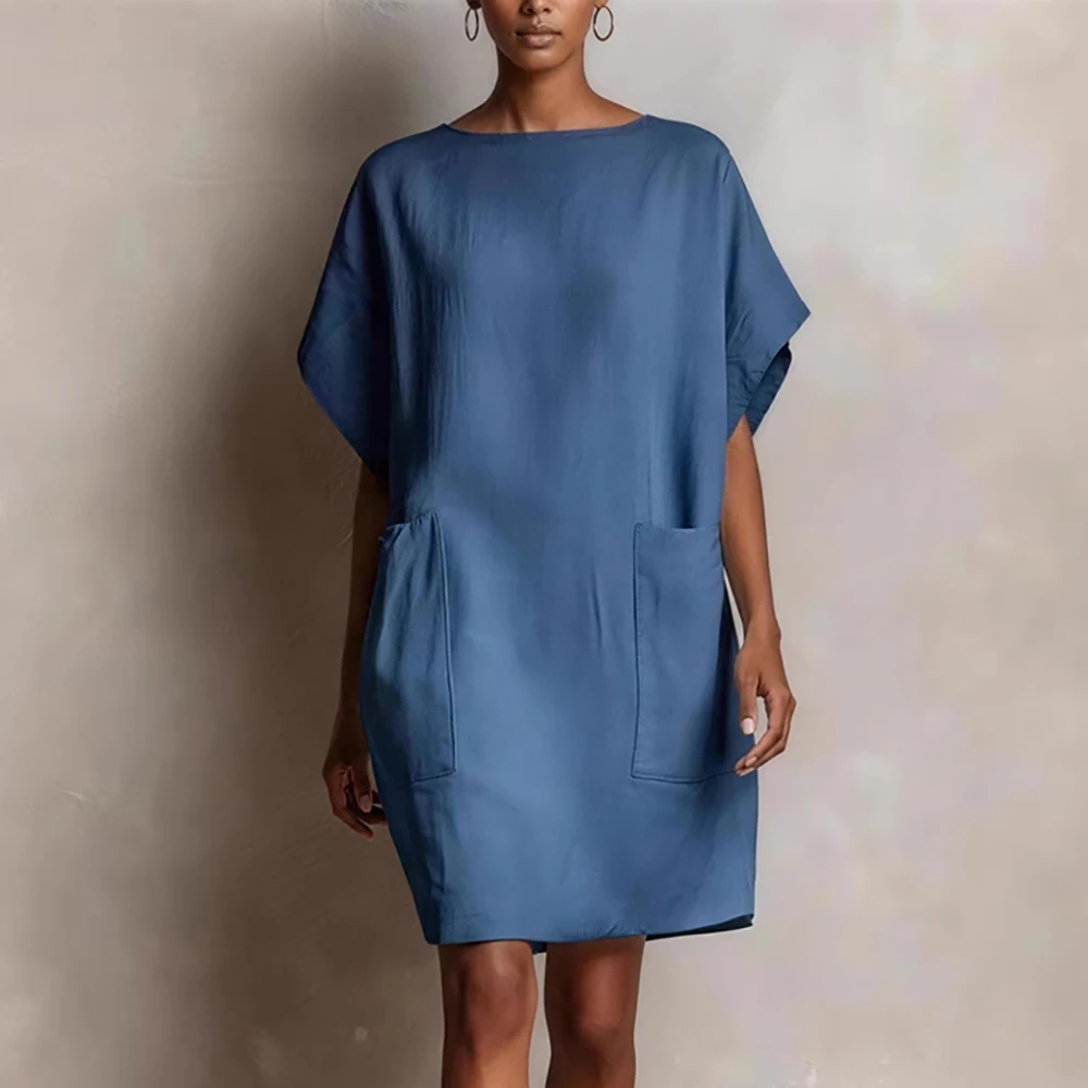 

Women's Faux Denim Elegant Mini Dress Solid French Round Neck Short Sleeve Loose Big Pocket Summer Daily Vacation Short Dresses