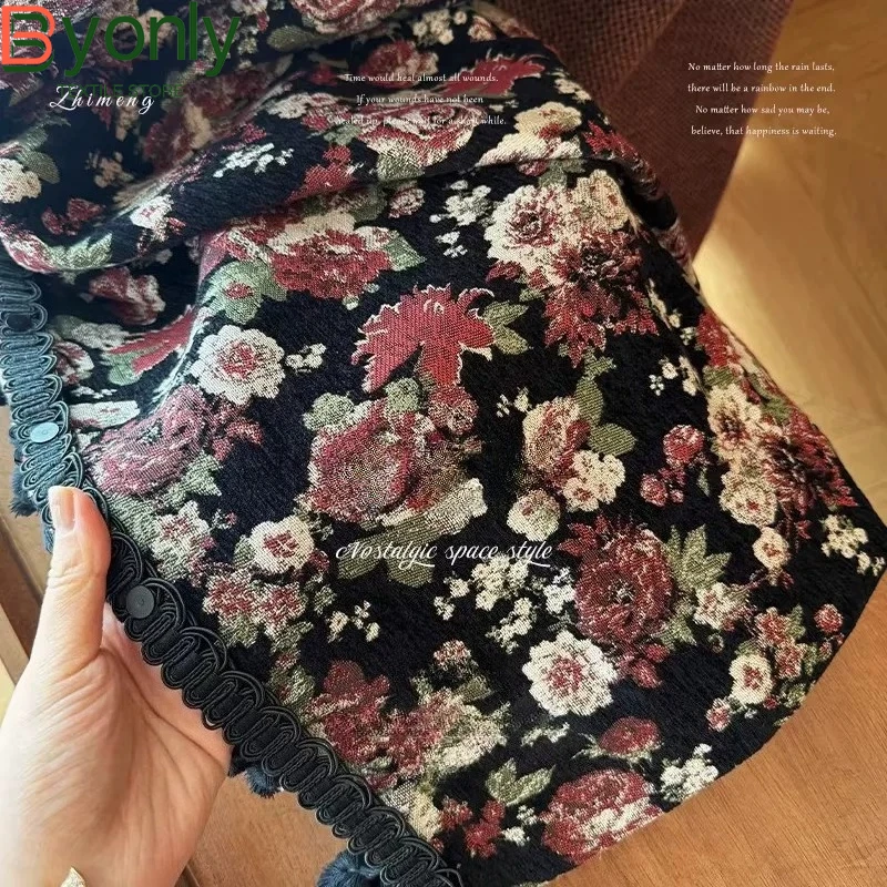 

French Retro Black Background Rose Jacquard Chenille Curtains for Bedroom Living Room Bay Windows Customized Partition Curtains