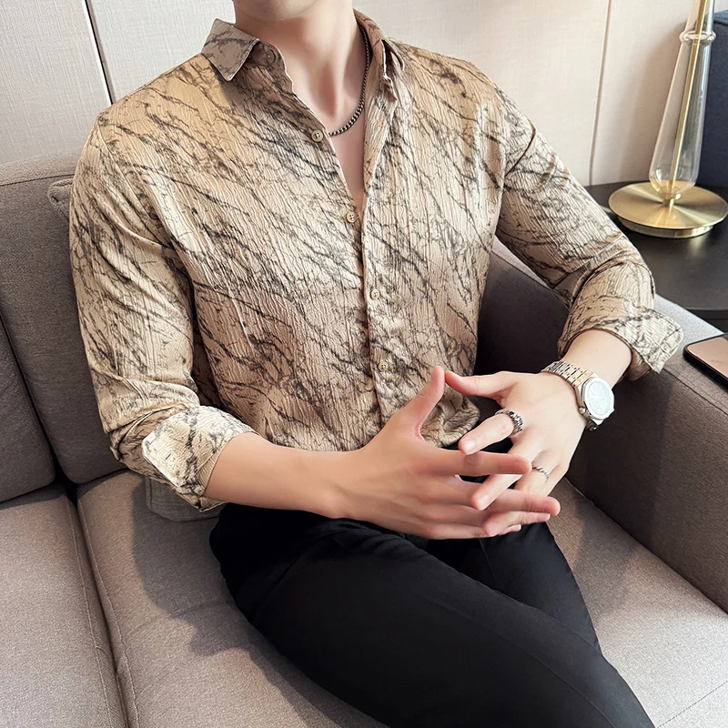 

Men's Social Shirt Korean Popular Clothes Elegant Print Long Sleeve Mens Dress Shirts Slim Fit Business Casual Tuxedo Blouses
