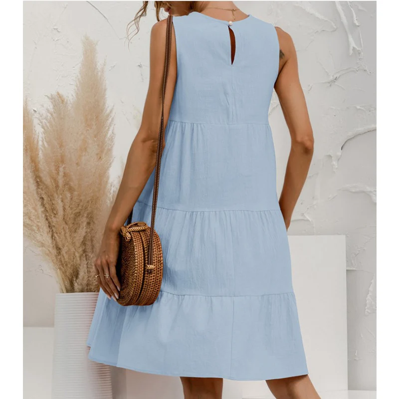 Summer Women Vest Dress Cotton O-Neck Sleeveless Solid Midi Tank Dresses Stitching Large Swing Casual Loose Sundress Vestidos