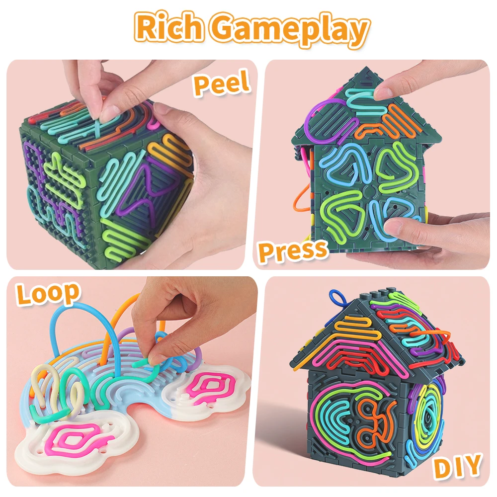 Giocattoli sensoriali 3D Fidget, giocattolo Fidget cubo in silicone e tabellone attività con corde, silenzioso sollievo dall'ansia da stress per bambini 3+, adulto