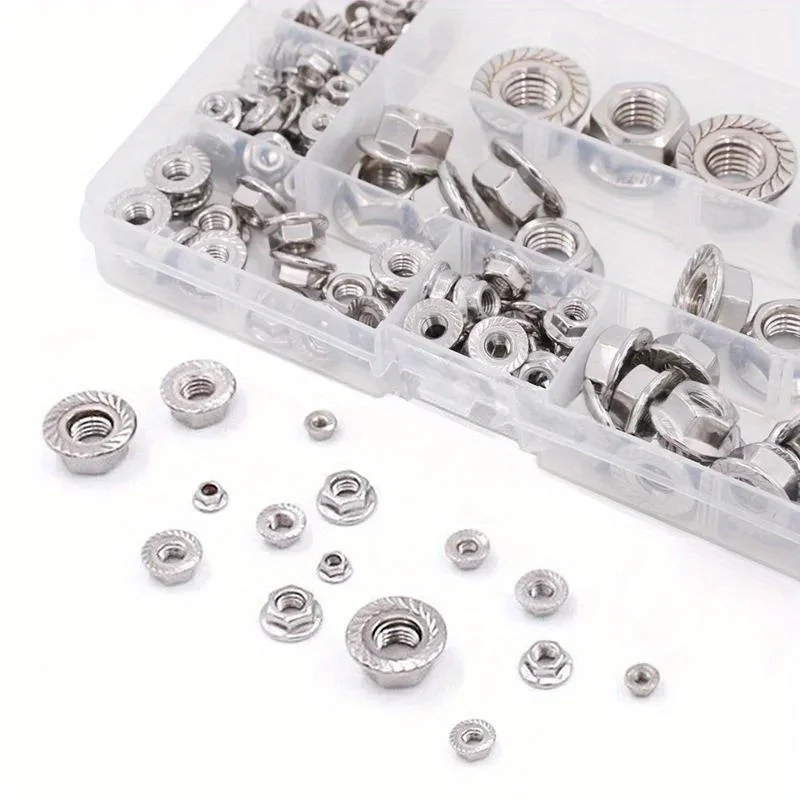 140 ชิ้น M3 M4 M5 M6 M8 M10 M12 304 สแตนเลสสตีล Hex หกเหลี่ยมหน้าแปลนถั่ว Serrated Spinlock Nut Lock Nut Assortment Kit DIN6923