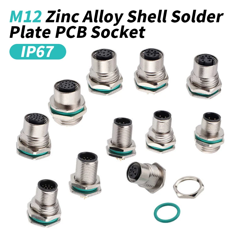 

M12 PCB Socket with Zinc Alloy Shell Waterproof 3 4 5 6 8 12 17 Pin Panel Front/Rear Male Female Seat Solder Board PCB Connector