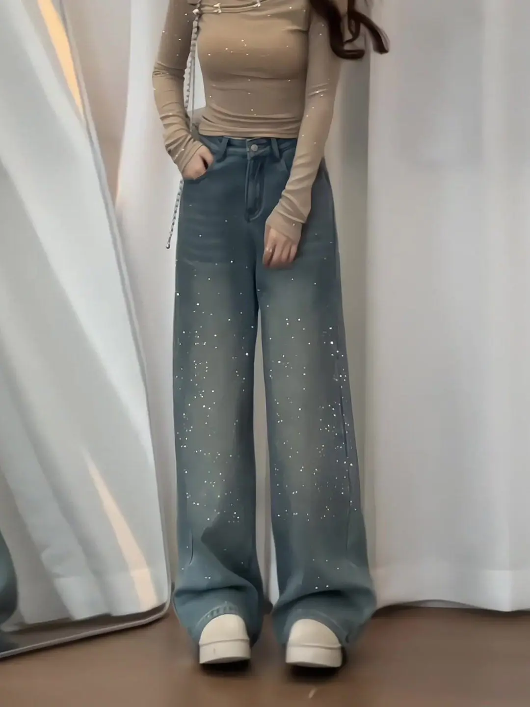 

Американские джинсы с широкими штанинами и флисовой подкладкой, женские, с высокой талией, прямого кроя, длинные брюки, зимняя новинка, стройнящие, струящиеся