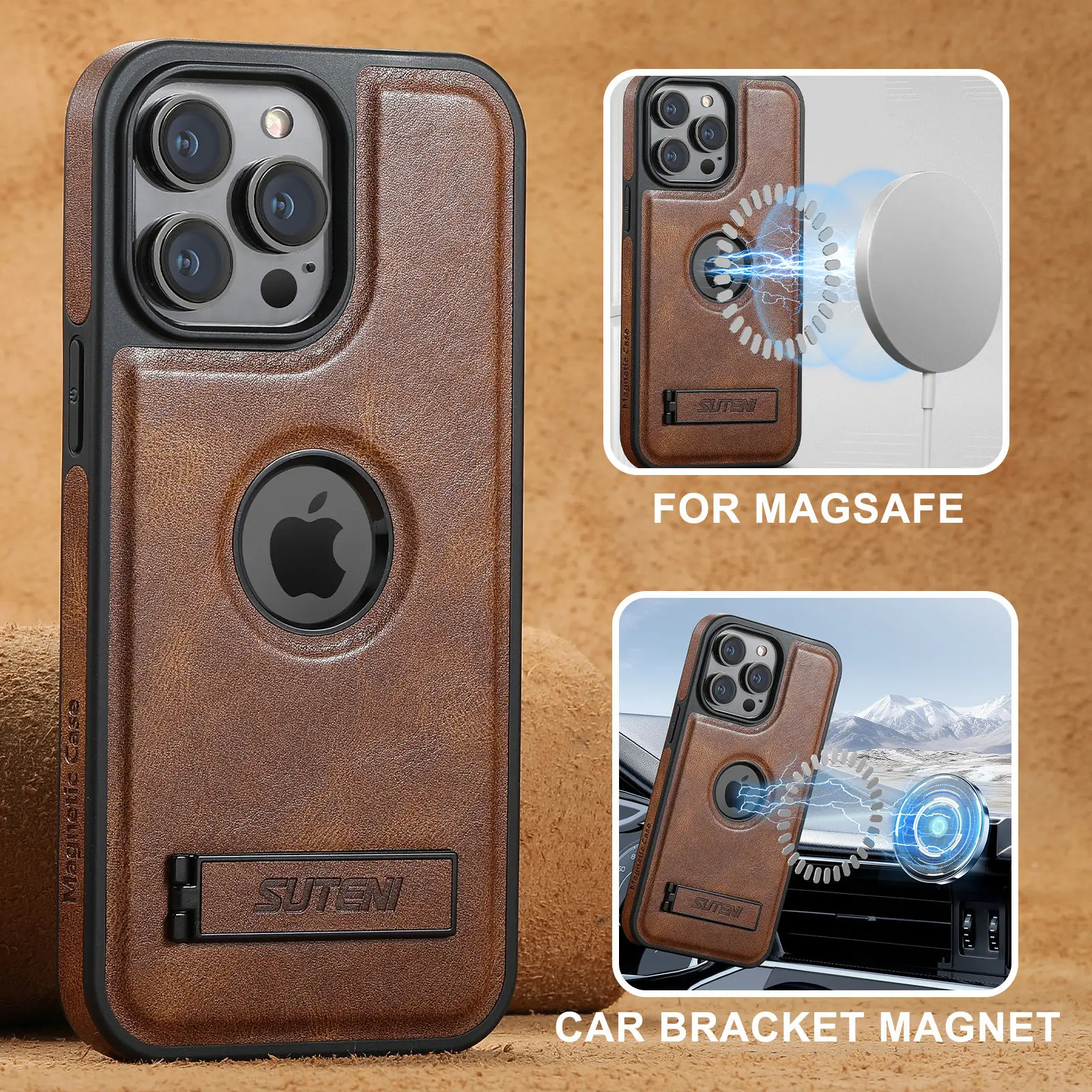 For iPhone 18 Pro 17 16 15 14 13 12 Pro Max Leather Case with Mag-safe Built-in Invisible Stand Protective Slim Kickstand Cover