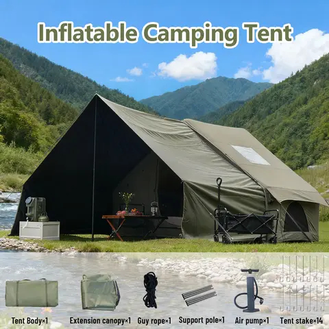 PAKICETUS Tente de glamping gonflable pour 8 personnes, tente verte avec fenêtres en maille et pompe à main avec auvent extra-large pour salon