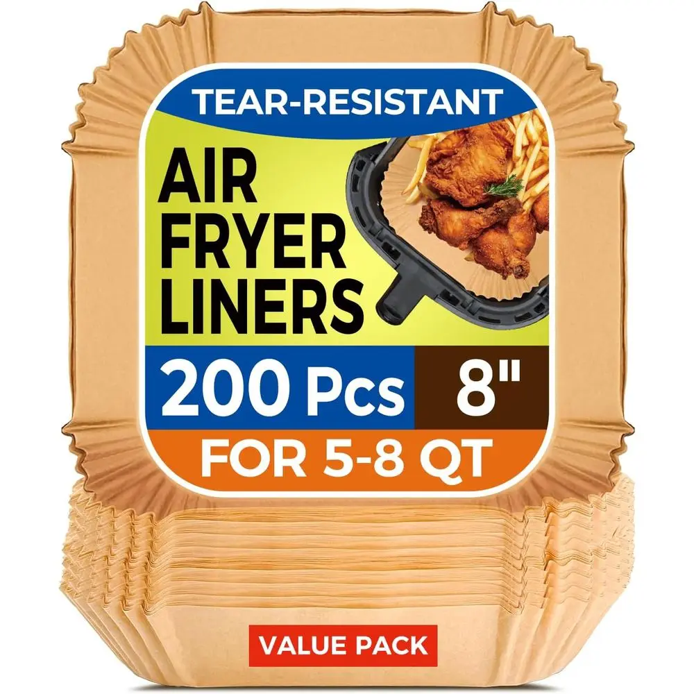 Disposable Parchment Paper Liners, 200 Count, 8 Square for Air Fryers, Non-stick and Oil Proof for 5-8 Quart Baskets