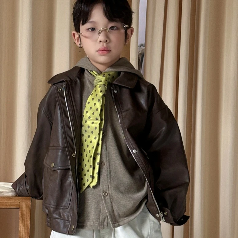 

Jacket 2025 Autumn New Children's Clothing Korean Style Boys and Girls Fashionable and Handsome Leather Jacket Casual Simple