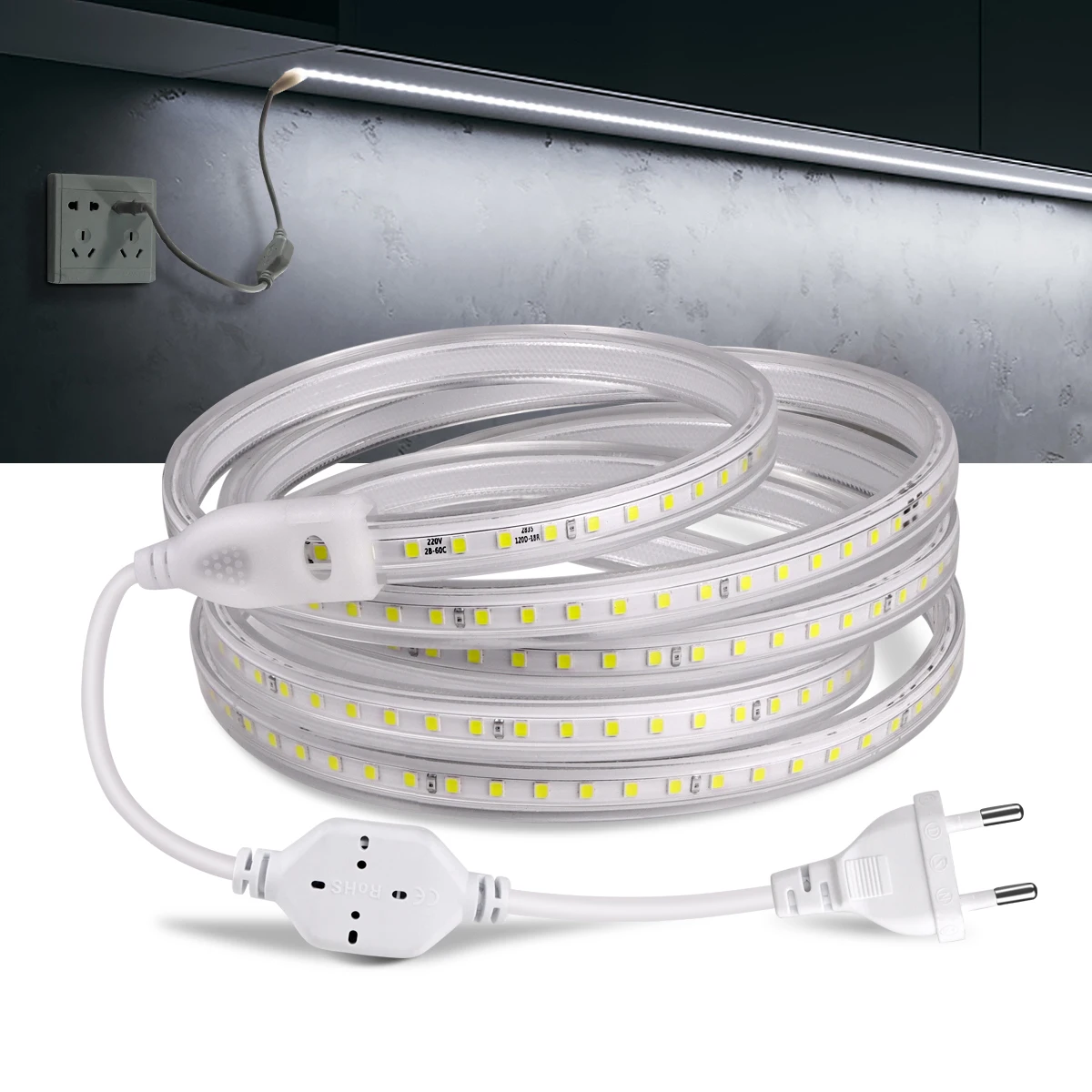 High Quality AC 110V 220V 120LEDs/m LED Strip Lights 2835SMD Flexible Outdoor Lamp Waterproof LED Tape With EU/US Power Plug