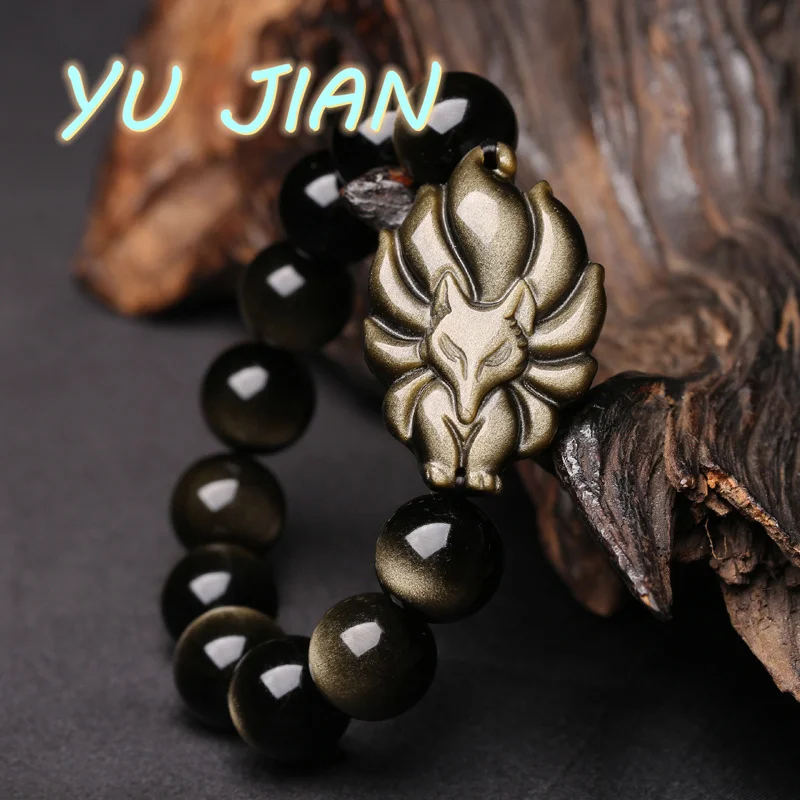 New Natural Stone Gold Obsidian Strand Fox Beads Elasticity Jewelry Nine-Taile Round Bracelets Fashion Bangle Fine Jewellry