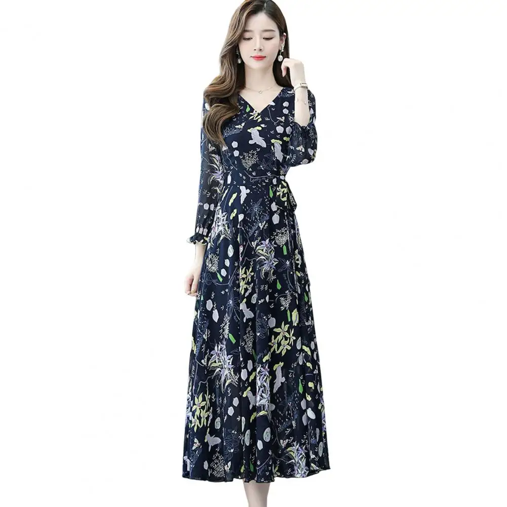 New in Dress for Women 2023 Flower Print V Neck Long Sleeves Loose Hem A-line Dress-up Boho Spring Fall Dress Women Clothing