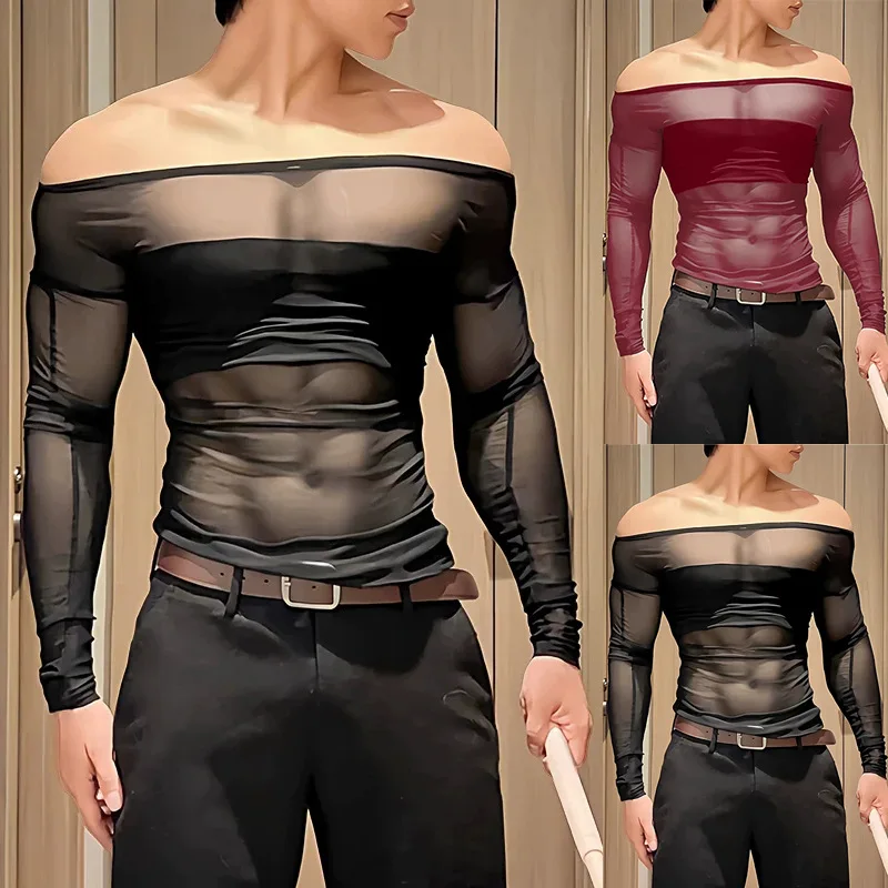 Mens Off Shoulder Sheer Mesh Long Sleeve T‑shirt Slim Stretch See Through Transparent Top Nightclub Party Casual Pullover Tee
