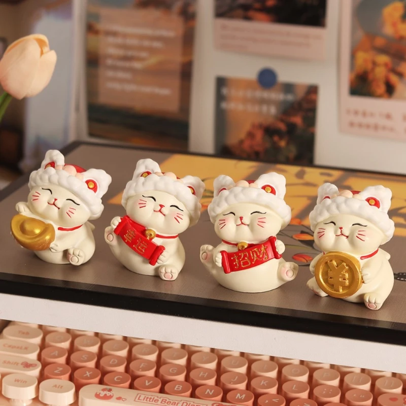 4pcs/1set Cute and Creative Small Lion Dance Maneki-neko Figurines Home Office Desktop Car Decorations and Gifts Home Decoration