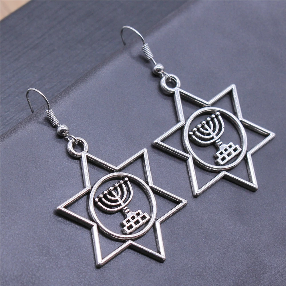 Vintage Antique Silver Color 39x32mm Judaism Menorah Star Of David Charms Drop Earrings Dangle Earrings Women Party Gift