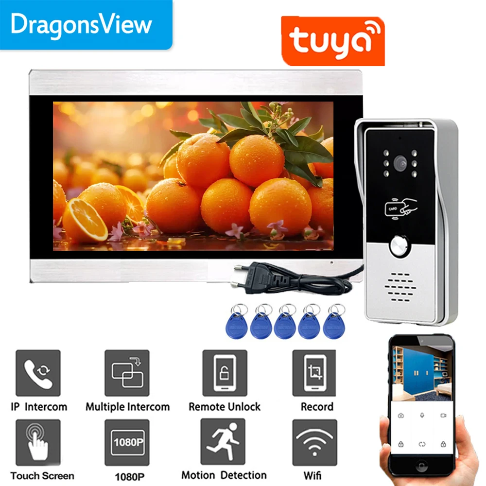 Dragonsview-telefone inteligente com tela sensível ao toque de 7 polegadas, wi-fi, vídeo porteiro, sem fio, 1080p, rfid, campainha, câmera, detecção