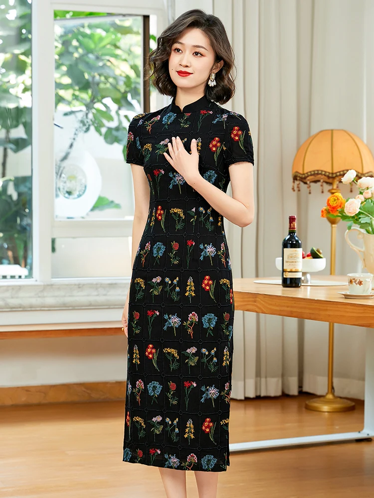 

Dorabana Ele Long Bla Embroidered Cotton Linen Retro Sle Daily Wear ort Sve Low Slit for Women over 35