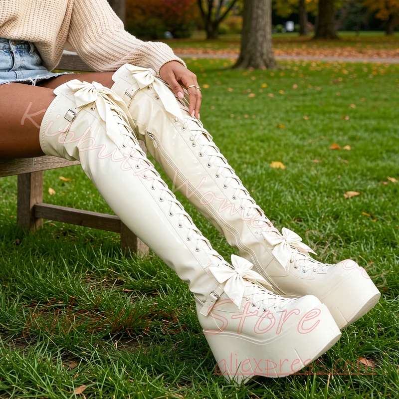 Bowknot Over The Knee Platform Boots Lace Up Eyelet Side Zipper Thick Sole Chunky Heel Lolita Shoes Leather Solid Color Fashion