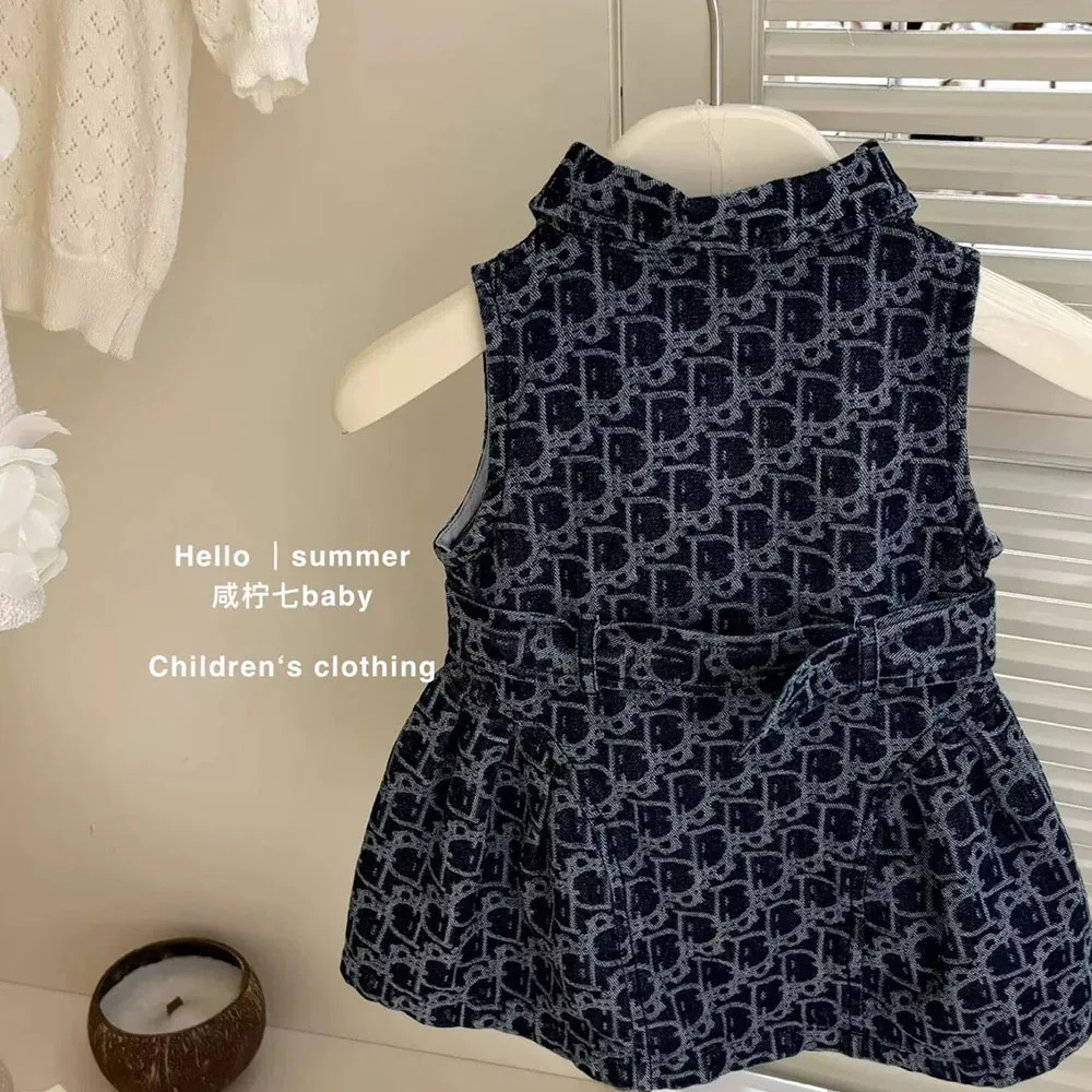 Girls Monogram Denim Style Dress, Sleeveless Button & Belt A-Line Sundress Elegant Kids Casual Outfit for Toddler & Little Girls