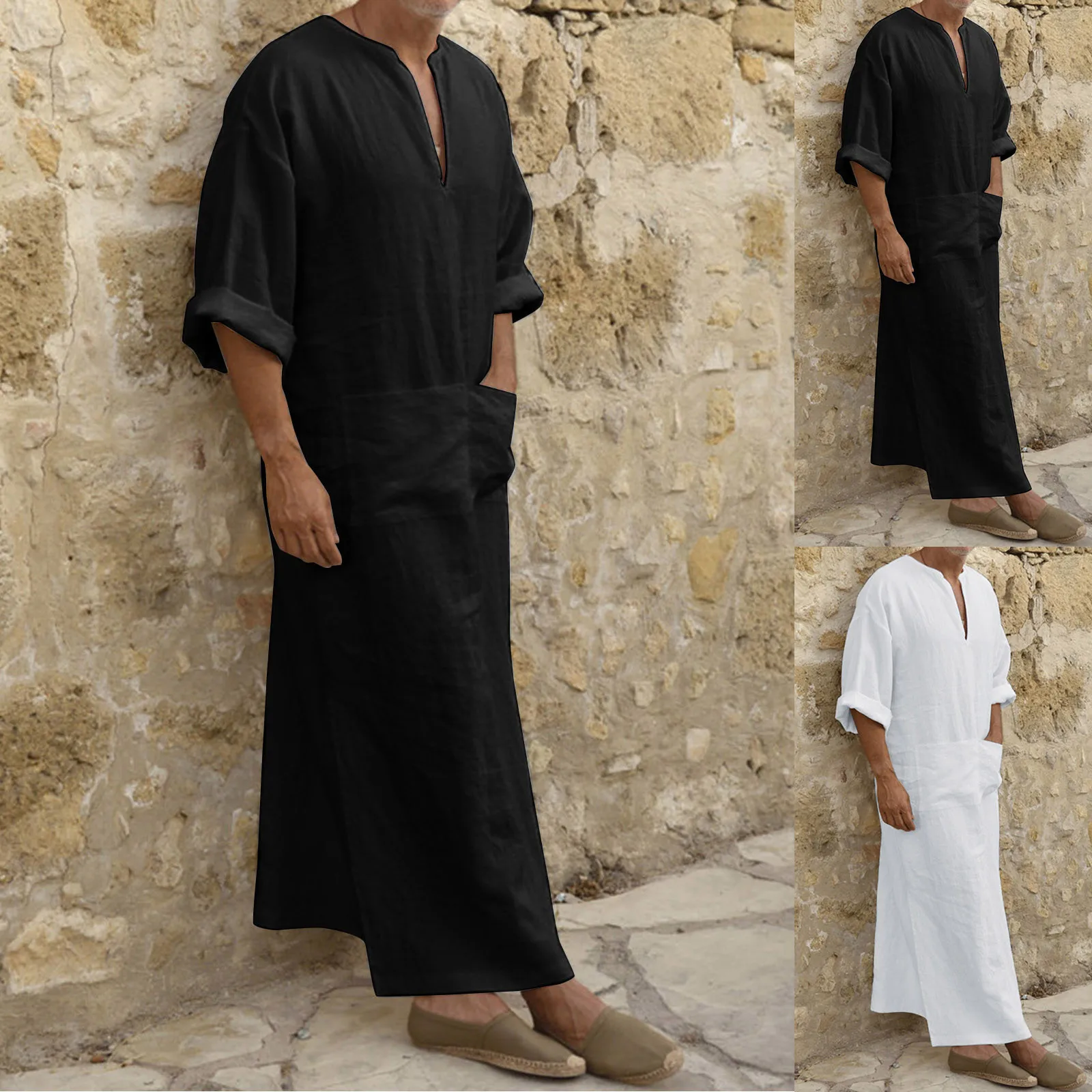 Olor Jubba Thobe Heren Casual Katoenen Linnen Gemengd Mode Moslim Gewaden V Hals Lange Mouw Gewaad Arabian Dubai Islamic Kaftan