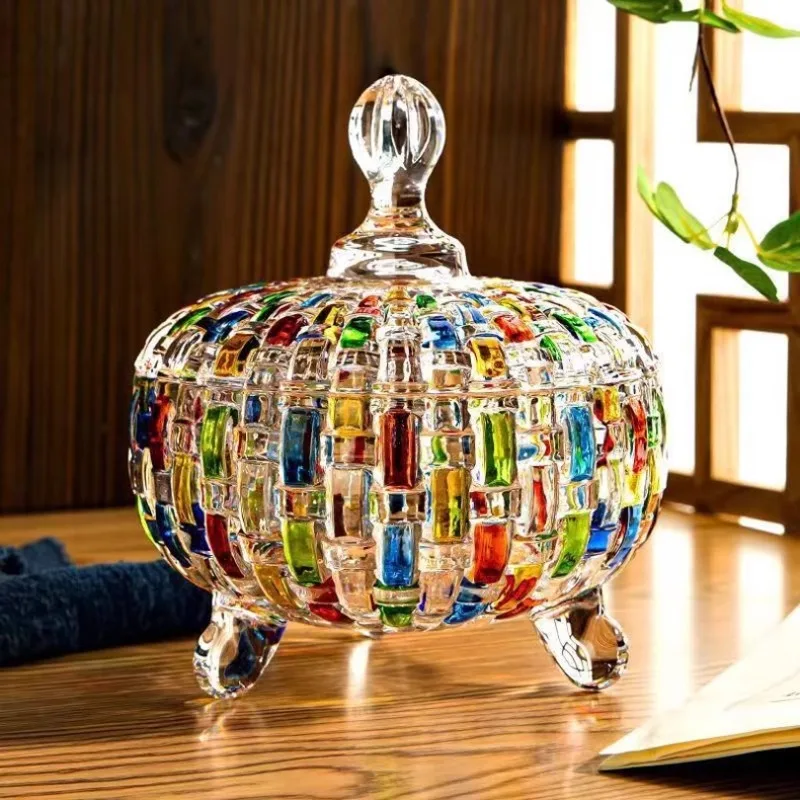 Colorful Glass Candy Jar with Cover Moisture-proof Home Light Luxury Crystal Fruit Plate Snack Nut Storage Home Decoration