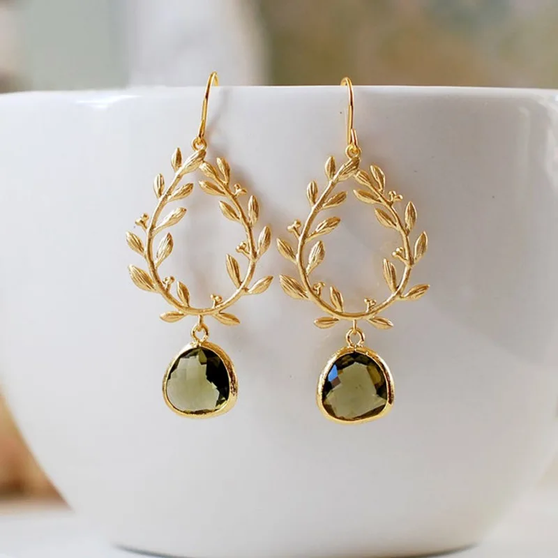 S925 Olive Green Gold Leaf Laurel Wreath Dangle Earrings Wedding Jewelry Gift for Mom Wife Girlfriend Mother's Day Gift