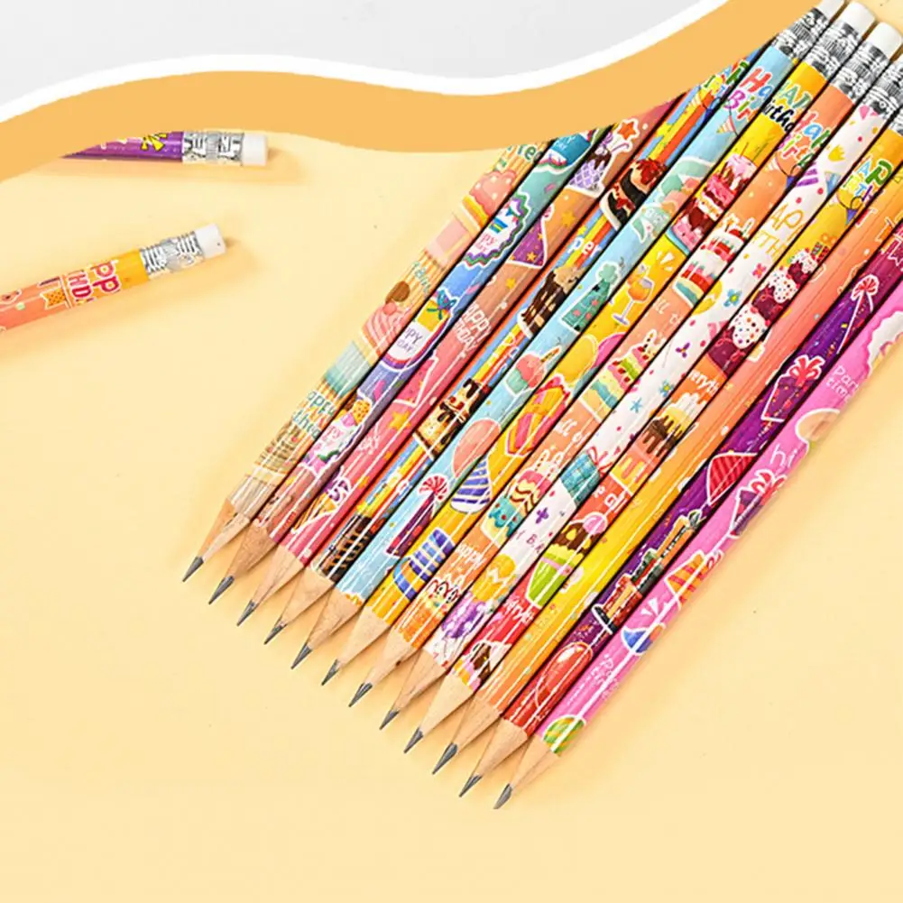 Cute Cartoon Pattern Pencils Teacher Pencils Fun Festive Birthday Pencils 24 Wooden Pencils with Top Erasers for Kids' Birthday