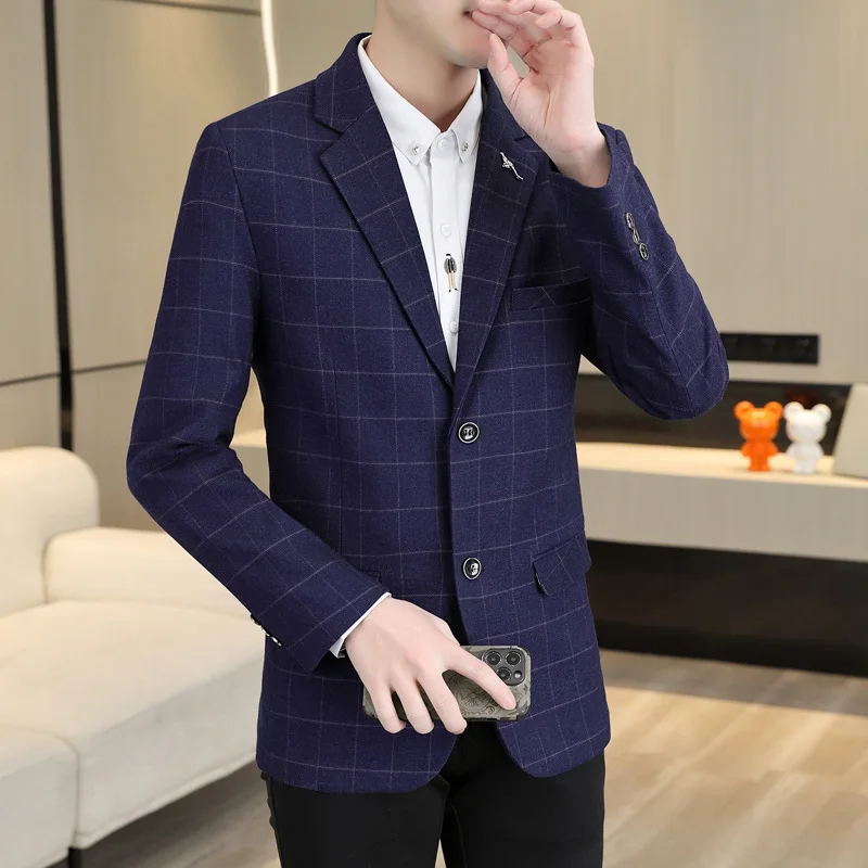 HOO 2023 Men's Autumn Plaid Suit Jacket Youth British Style Double Buckle Leisure   blazer