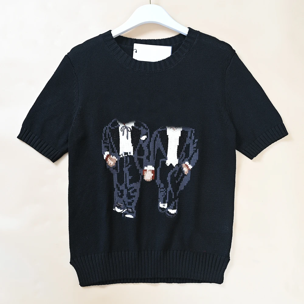 

Ladies Summer New Knitted Sweater Cartoon Pattern Thick Needle Cotton round Neck Short Sleeve Knitwear Casual Comfortable Fit