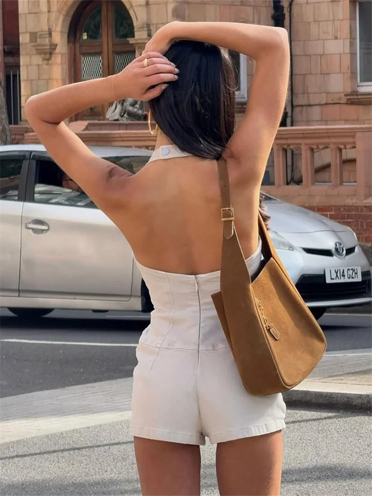 

Nibber Sexy Classic Fake Denim Women Playsuits Simple Halter U-neck Single Breasted Backless Halter Daily Casual Street Romper