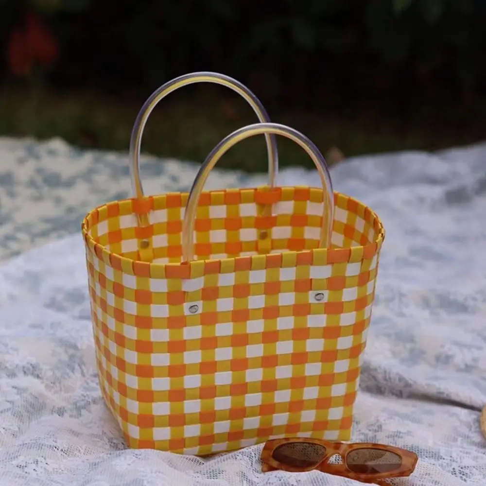 PP Hand Woven Bag New Plastic Hand Woven Basket Bags Carry Handbag Straw Shopping Tote Beach Bag Unisex