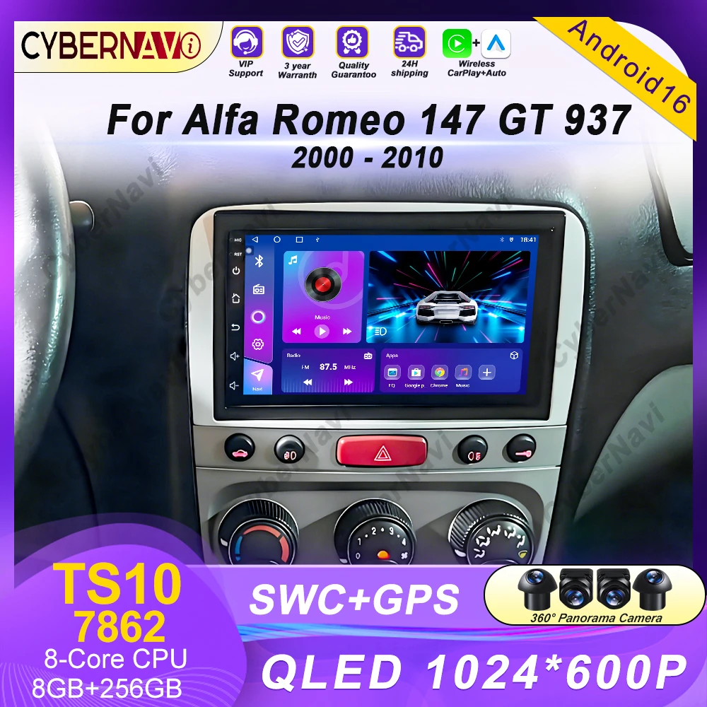 Car Radio For Alfa Romeo 147 GT 937 2000 - 2010 Android 16 GPS Navigation Android Carplay BT Wifi Screen QLED Stereo Display DSP