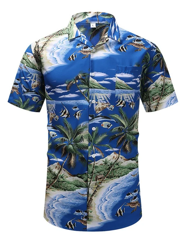 قميص رجالي مطبوع بزر واحد وياقة، بأكمام قصيرة وقصة ضيقة، مصنوع من ألياف البوليستر، أنيق وعصري للصيف مع جيب