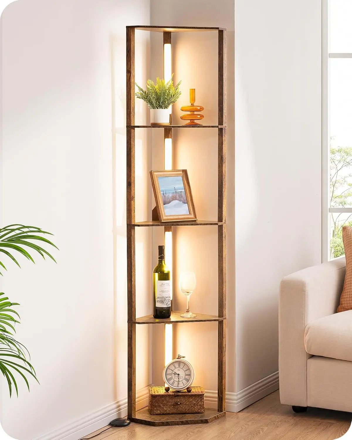 

64" LED Floor Lamp with Shelves, 3 Color Temps & Dimmable, Corner Standing Lamp for Living Room, Bedroom, Office, Burlywood
