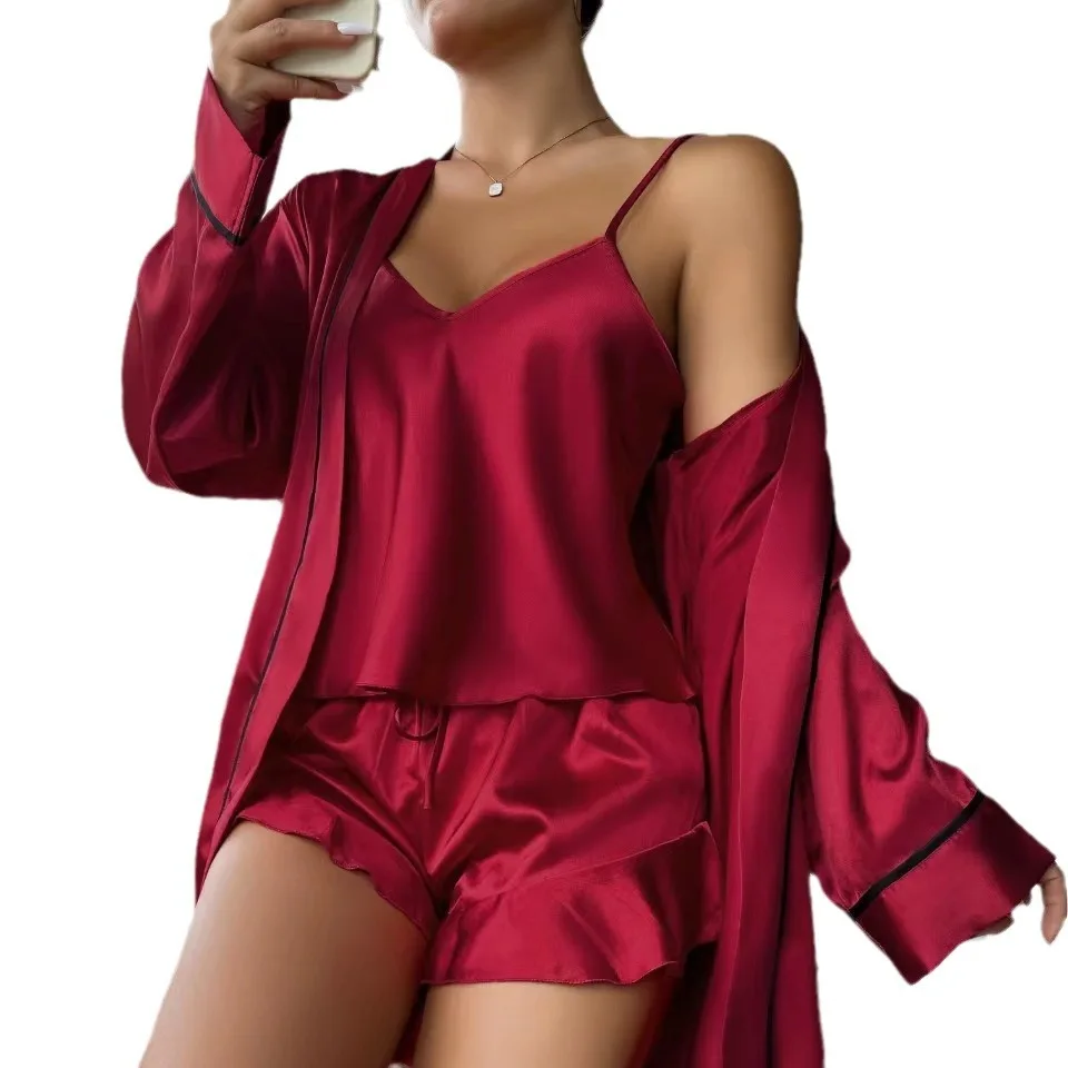 Women\'s New Pajamas Three-Piece Set of Women\'s Sexy Suspenders Shorts Robe Summer Comfortable Leisure Home Wear Pajama Set