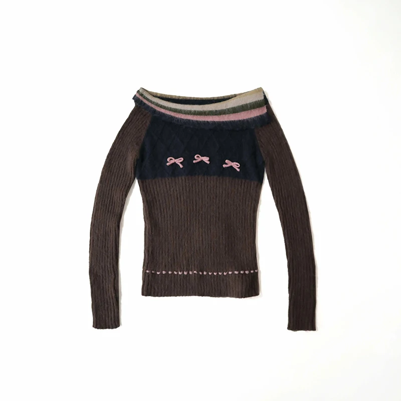 Autumn Winter Preppy Style Sweet Bow Sweater Women Slim Striped Knitted Pullover Loose Korean Fashion Brown High Street Jumper