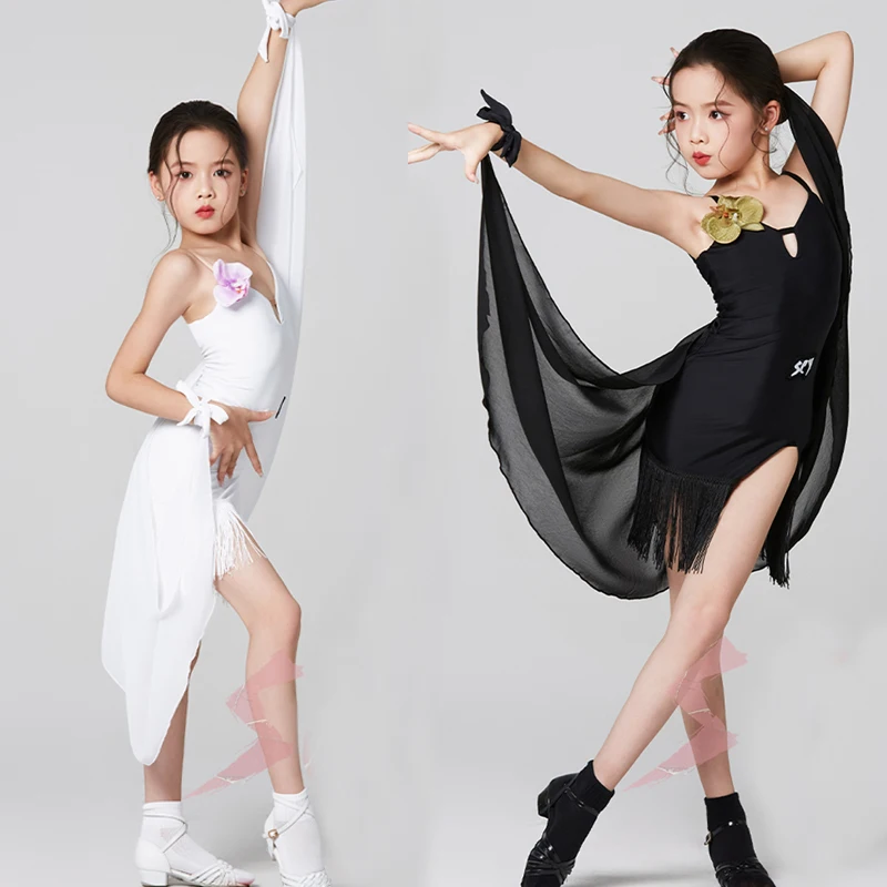 2023 Kids Professional Dancing Dress Girls Floating Sleeves Latin Dance Competition Dresses Child Samba Rumba Dancewear 6834