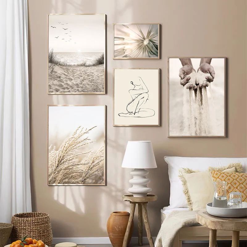 

Beige Reed Grass Beach Landscape Poster Female Body Line Art Print Decorative Paintings Wall Pictures Canvas Bohemian Home Decor