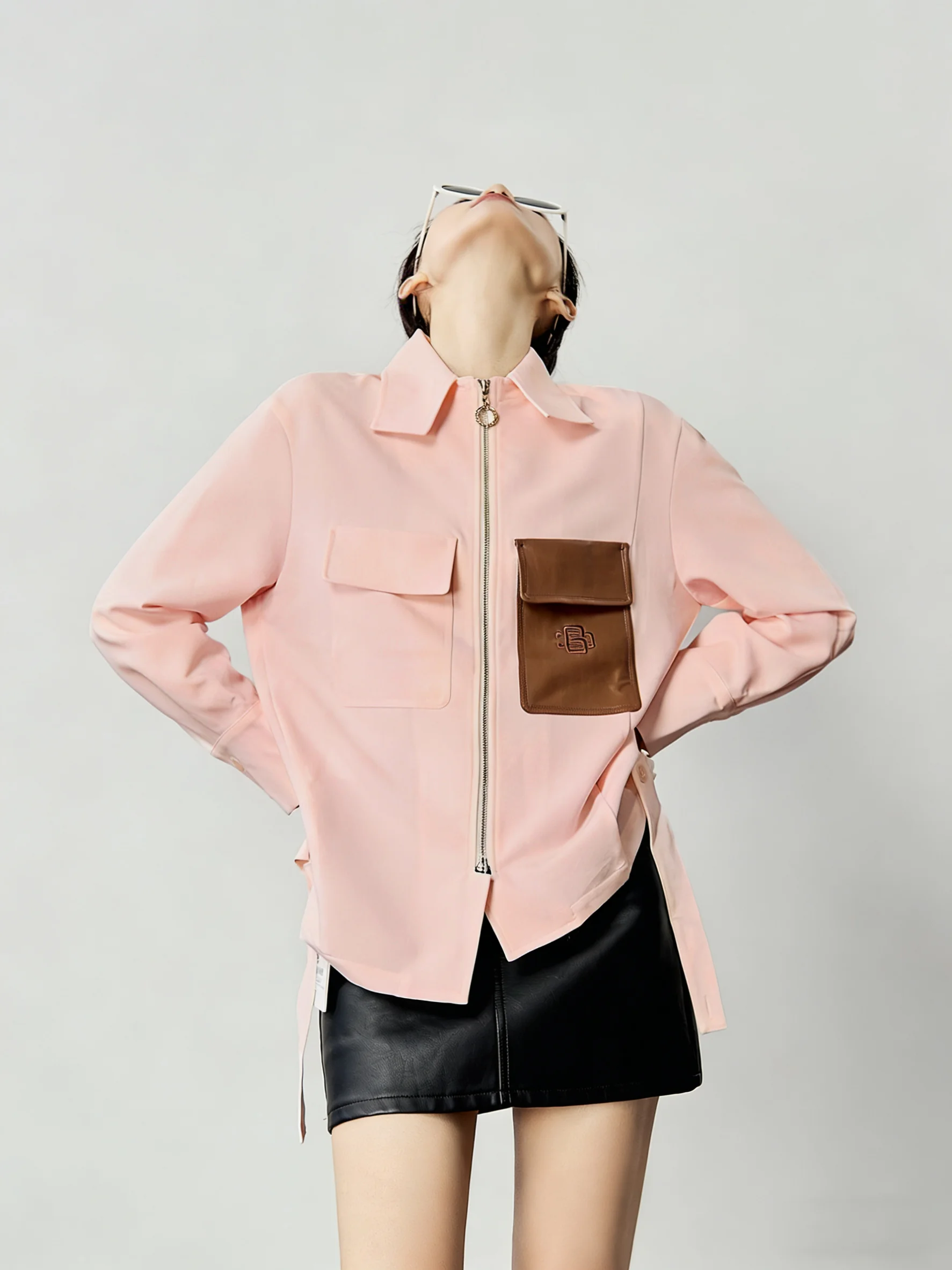 

Pink Stand Collar Patch ket irt Jaet Women's Sli Beautiful Spring 2026 Unique Faion Casual Long Sve Zipper