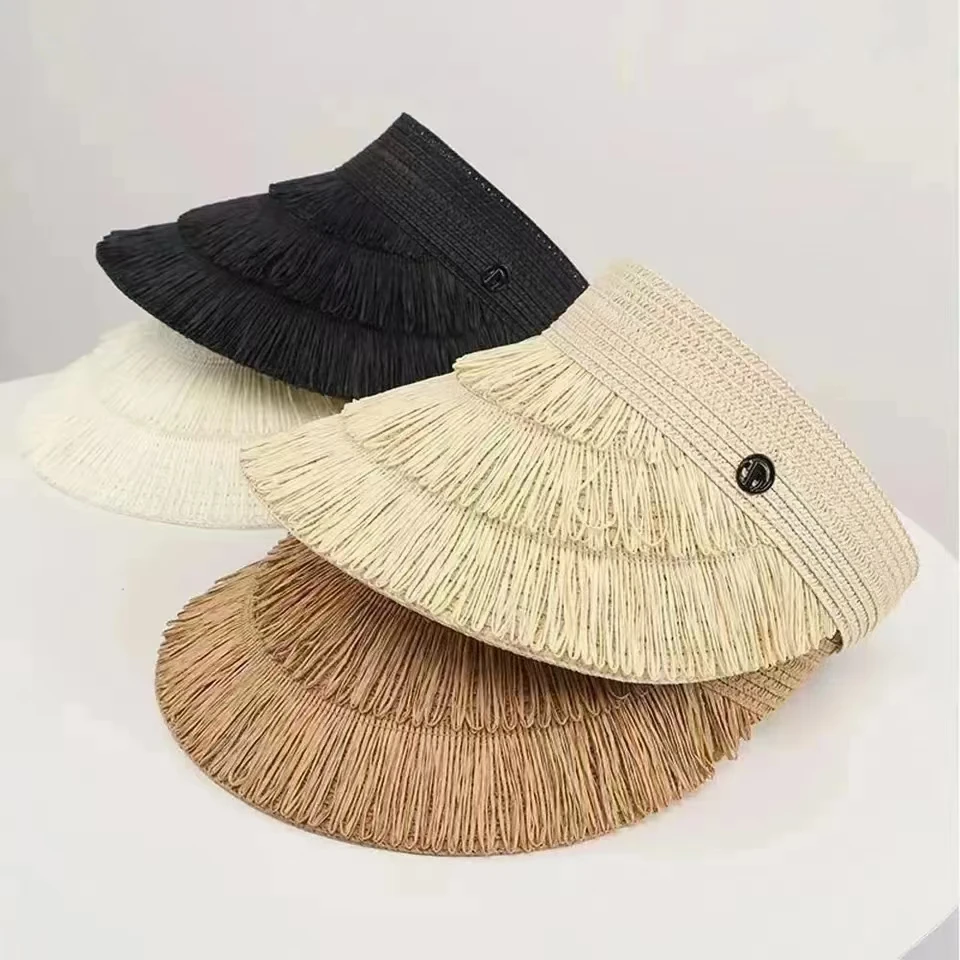 Sombrero de paja con visera para mujer, gorra con diseño de borlas, Top vacío, para exteriores, primavera y verano