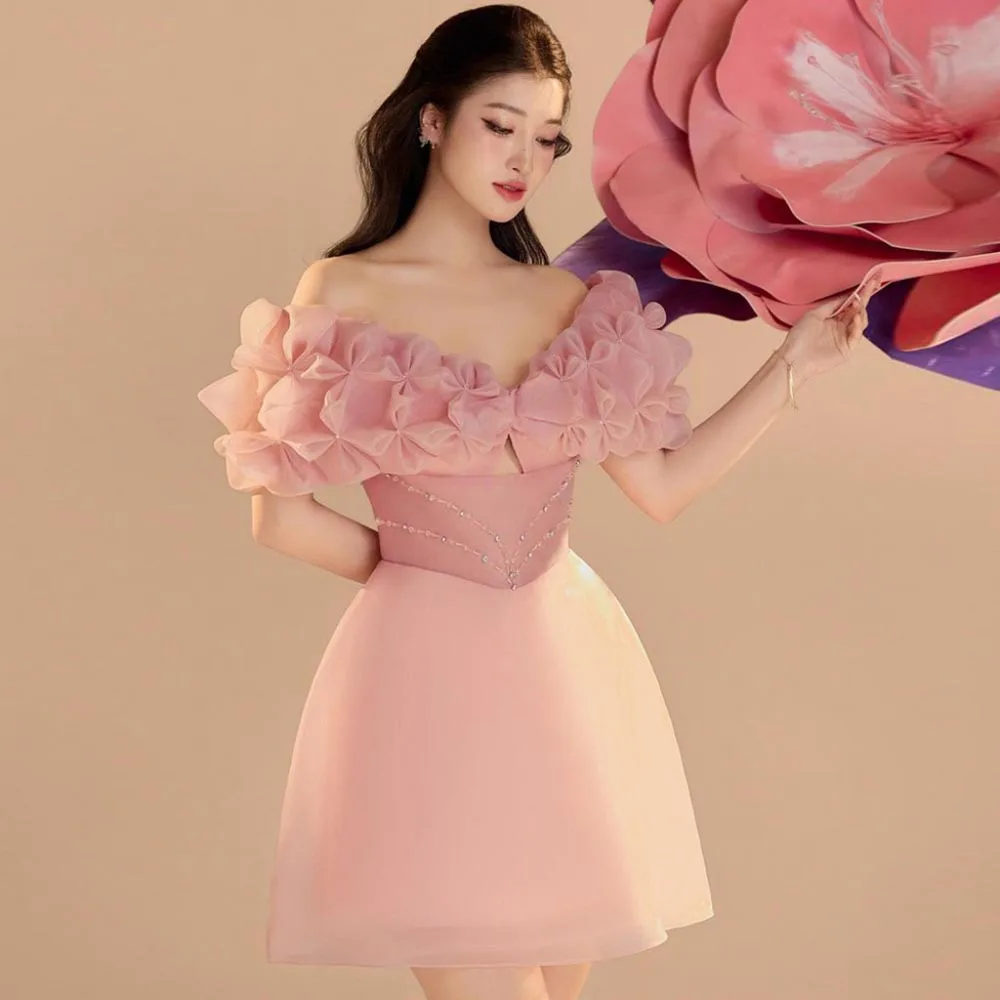 Vestido corto de satén y gasa con volantes y espalda abierta, vestido de cóctel elegante sin hombros, color rosa claro, para cumpleaños