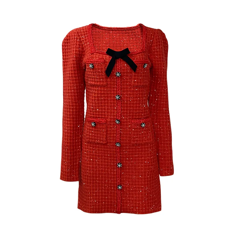 New Arrival Red Elegant Style Spring Lady Square Collar Long Sleeve Women Bow Knit Sequin Slim Fitted Short Mini Dress