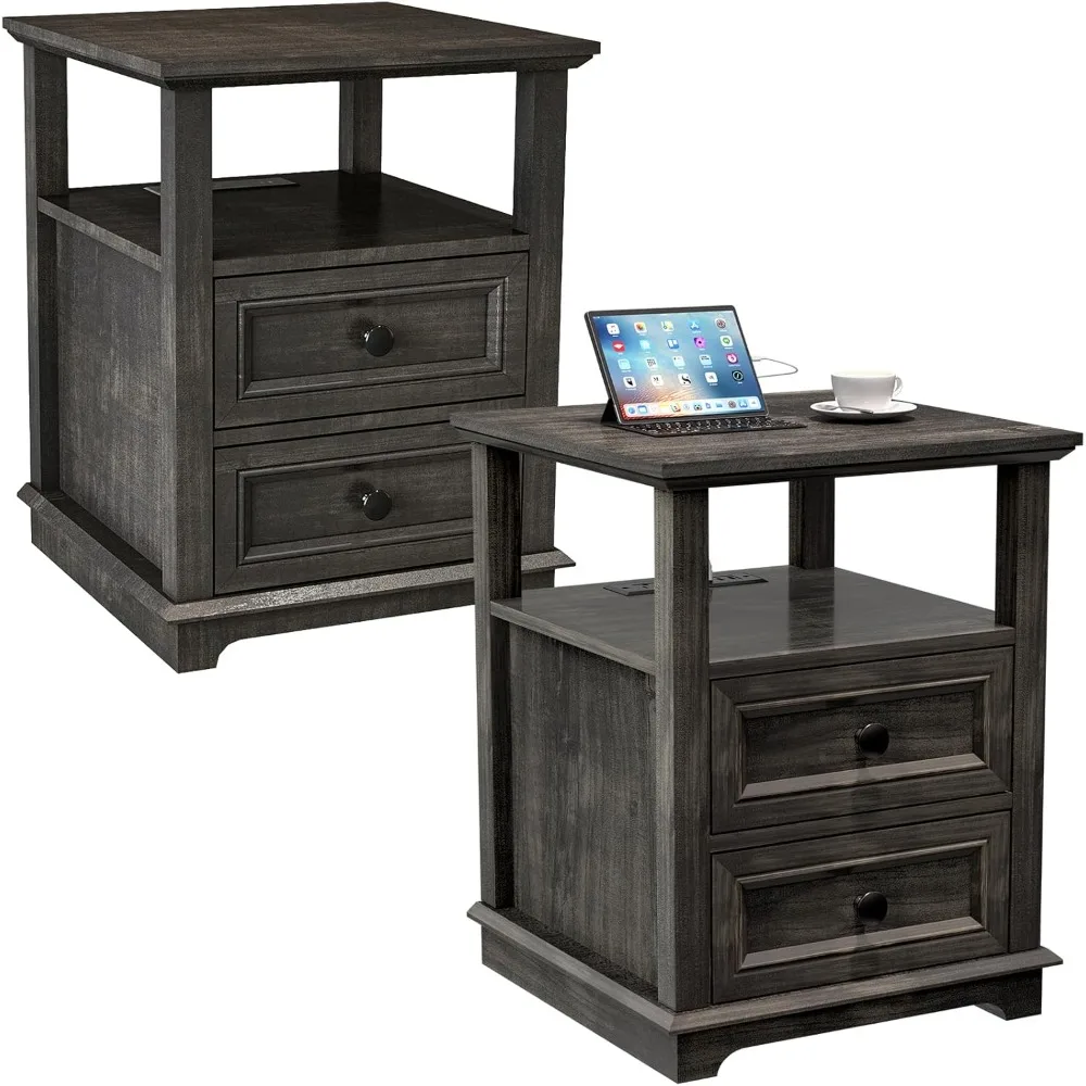 24” Nightstand with Fast Charging Station Set of 2, 18” Bedside Table with Drawers,Storage Rustic Wood Storage Cabinet for