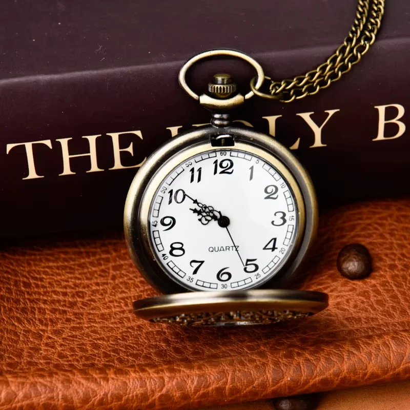 Bronze pocket watch hollow flower cane quartz watch large clamshell necklace pocket watch hang watch
