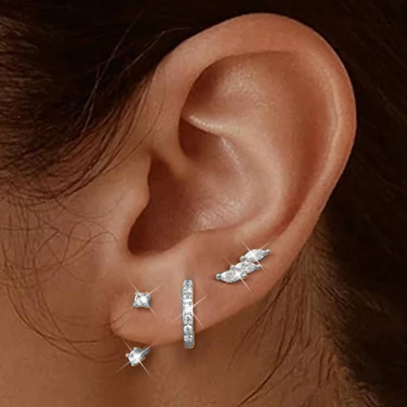 3-teiliges exquisites Zirkon-Creolen-Set mit kleinen Huggies für Damen, Edelstahl, einzigartiger Knorpel-Ohrring-Piercing-Schmuck