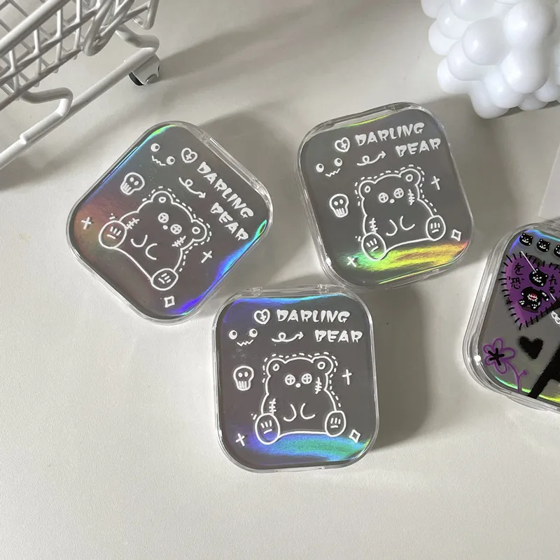 علبة عدسات لاصقة بغطاء ليزر، حاوية عدسات ملونة، صندوق تخزين عدسات التجميل، مجموعة سفر مع مرآة هدية فتاة #3