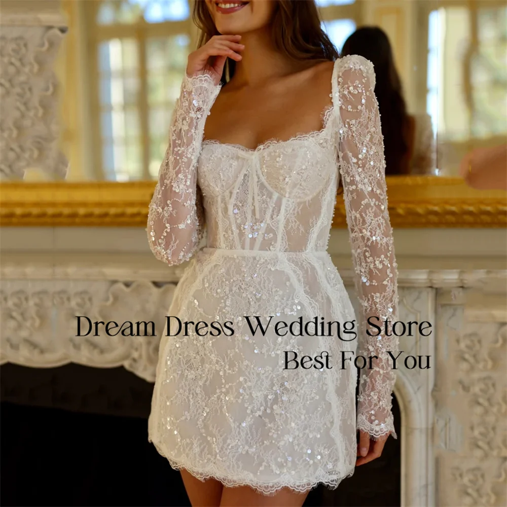 Prachtige korte trouwjurk kant lange mouw vierkante kraag open rug vetersluiting schede bruidsjurk vestido de novia aangepast