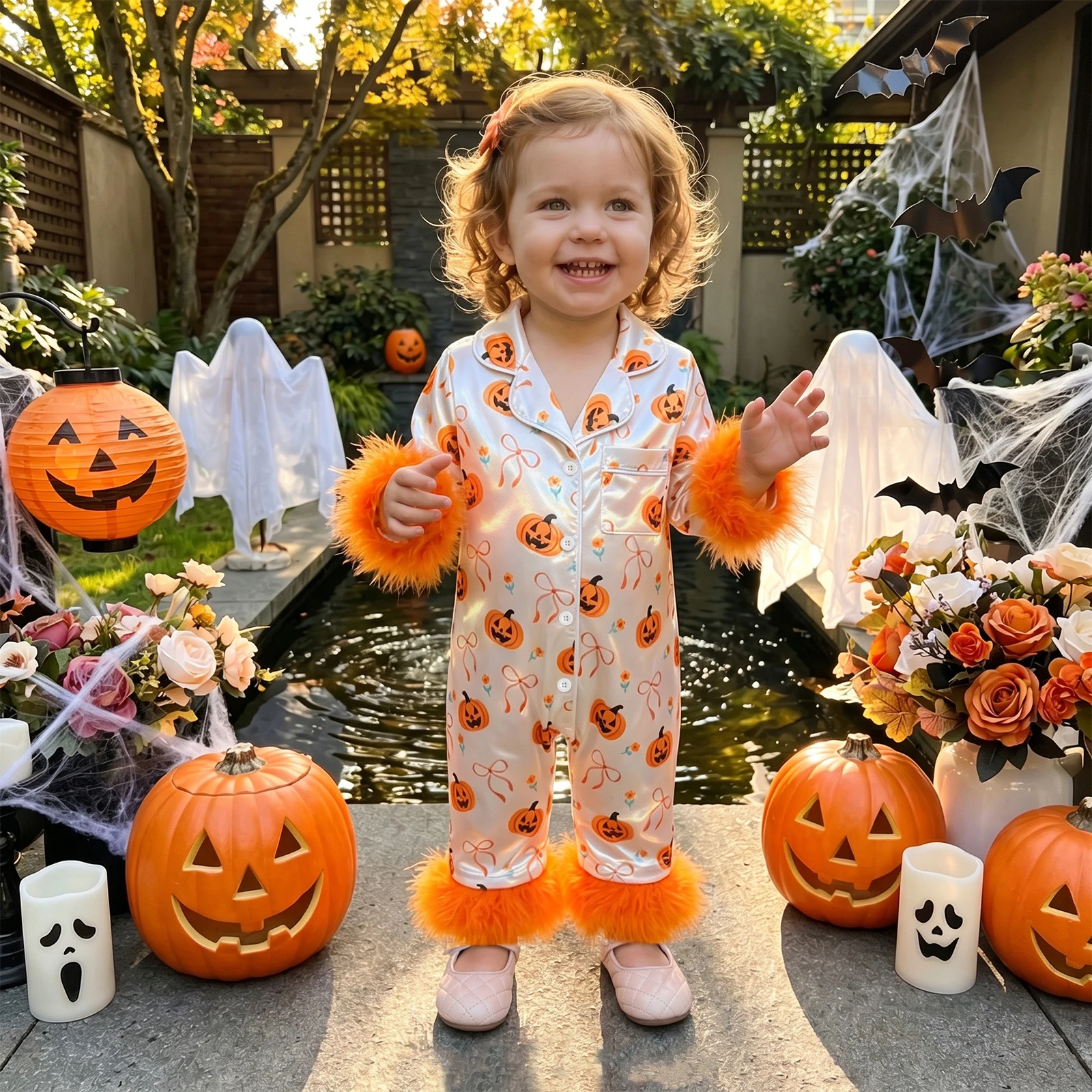 Baby Girl Halloween Pajama Ghost/Pumpkin Fuzzy Trim Long Sleeve Button-up Jumpsuit Cute Fall Sleepwear