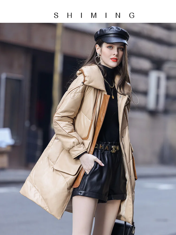 2023 Winter New High end Sheepskin Leather Coat Mid length Loose Relaxed Haining Leather Down Coat Women's Coat