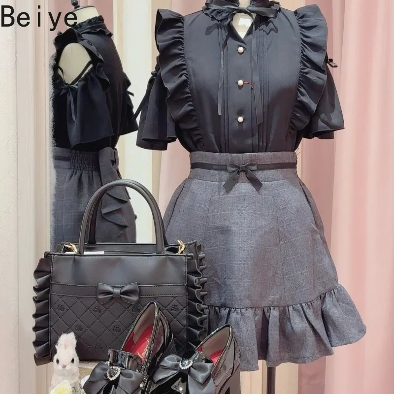 Japanese Style Mass-produced Skirts for Women Autumn Sweet Bow Ruffle Edge Skirt Female High Waist A Line Solid Short Skirt