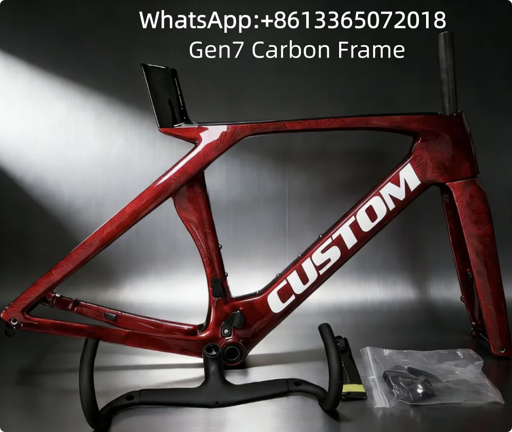 Quadro de Bicicleta de Estrada em Carbono Gen7 Vermelho com Efeito Rachado e Guidão - Conjunto de Quadro para Bicicleta de Corrida